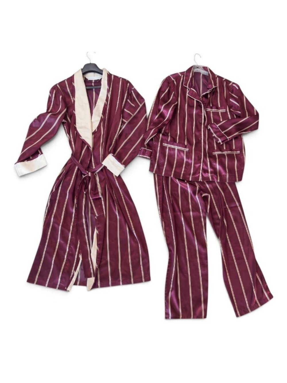 Vintage Victoria's Secret Satin Pajama Set Size L Burgundy Striped 3 Pieces 90s